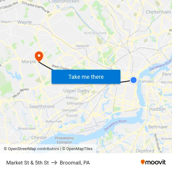 Market St & 5th St to Broomall, PA map