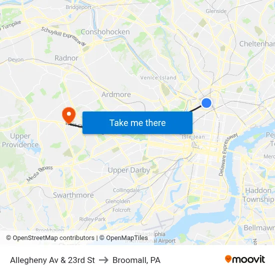 Allegheny Av & 23rd St to Broomall, PA map