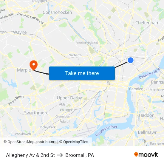Allegheny Av & 2nd St to Broomall, PA map