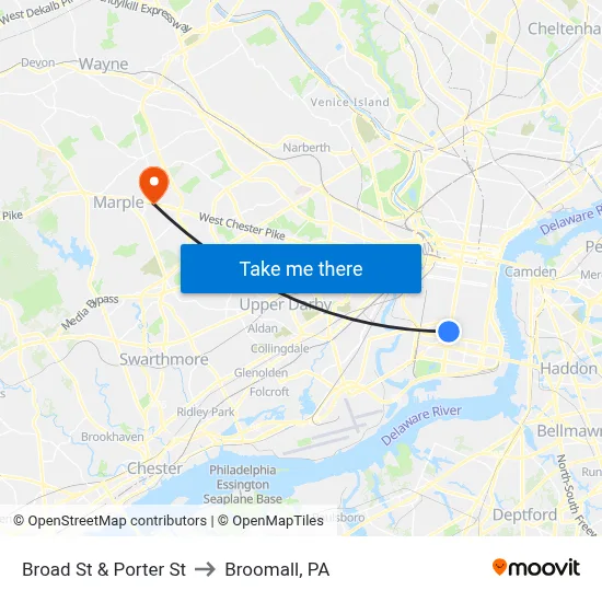 Broad St & Porter St to Broomall, PA map