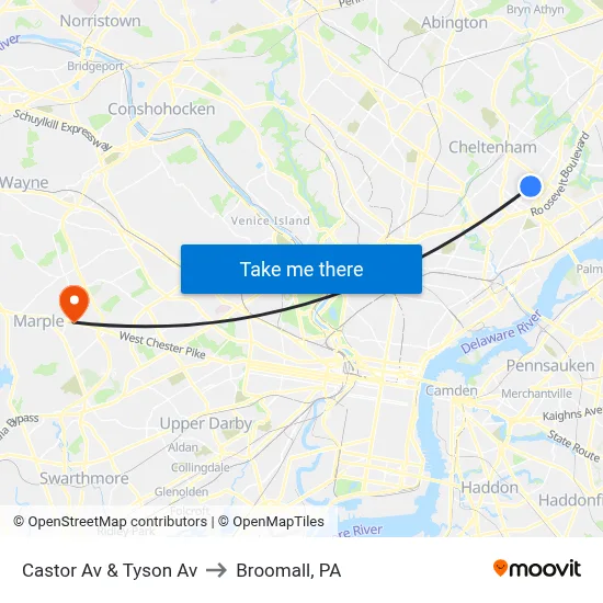 Castor Av & Tyson Av to Broomall, PA map