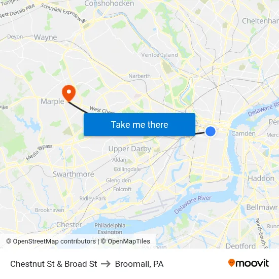 Chestnut St & Broad St to Broomall, PA map