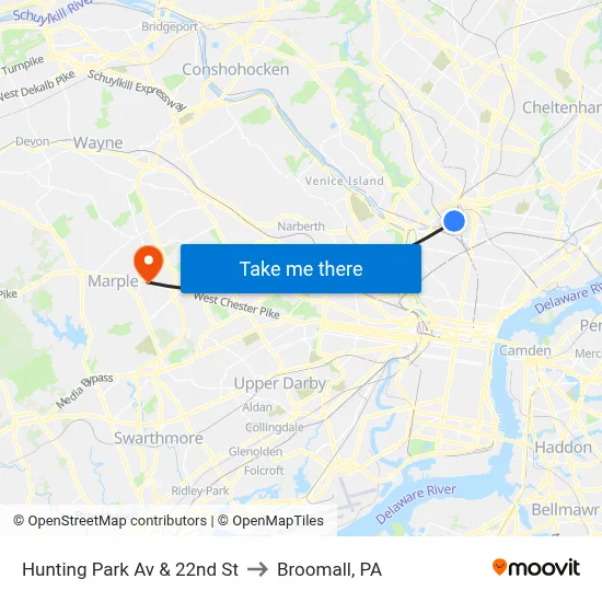 Hunting Park Av & 22nd St to Broomall, PA map