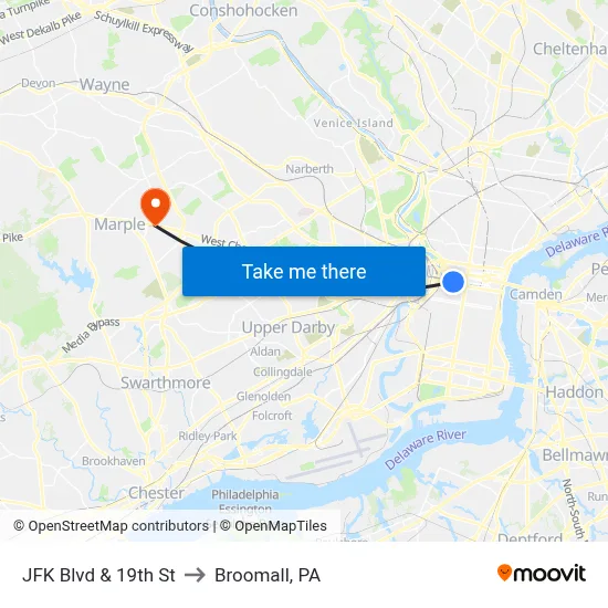 JFK Blvd & 19th St to Broomall, PA map