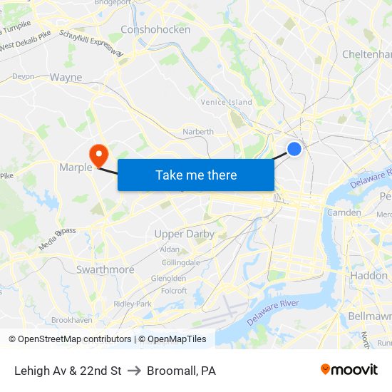 Lehigh Av & 22nd St to Broomall, PA map
