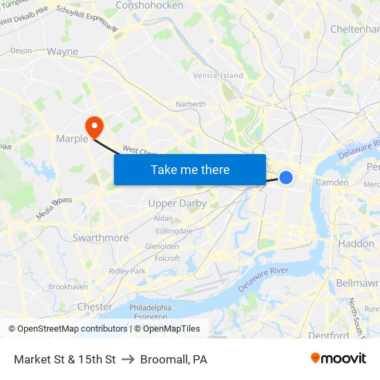 Market St & 15th St to Broomall, PA map