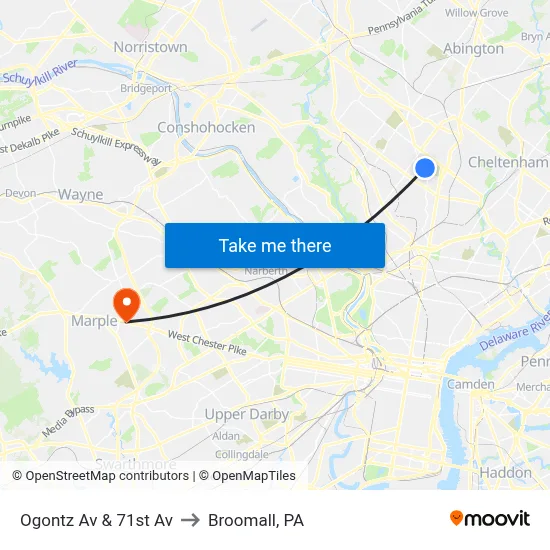 Ogontz Av & 71st Av to Broomall, PA map