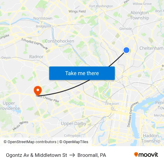 Ogontz Av & Middletown St to Broomall, PA map