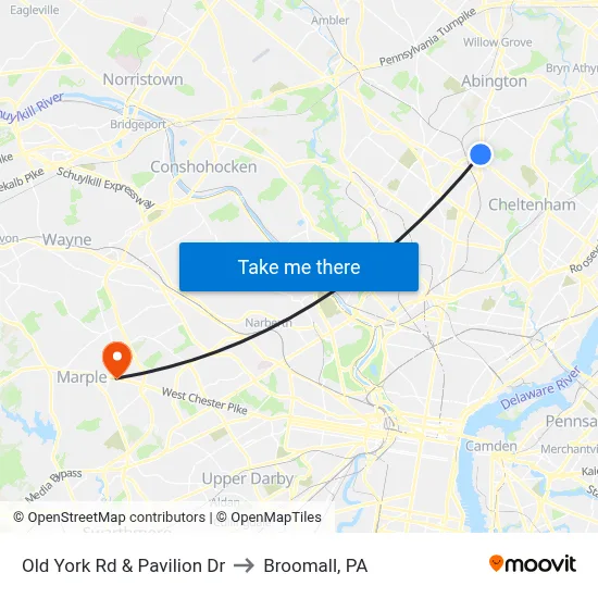 Old York Rd & Pavilion Dr to Broomall, PA map