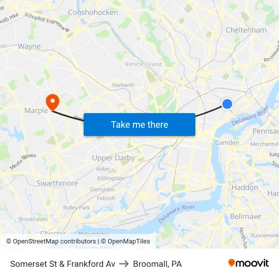 Somerset St & Frankford Av to Broomall, PA map