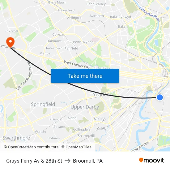 Grays Ferry Av & 28th St to Broomall, PA map