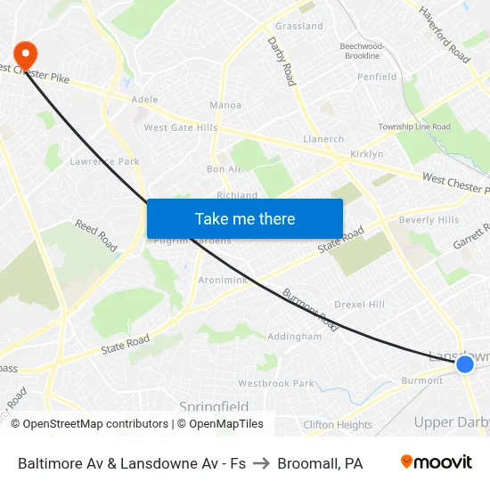 Baltimore Av & Lansdowne Av - Fs to Broomall, PA map