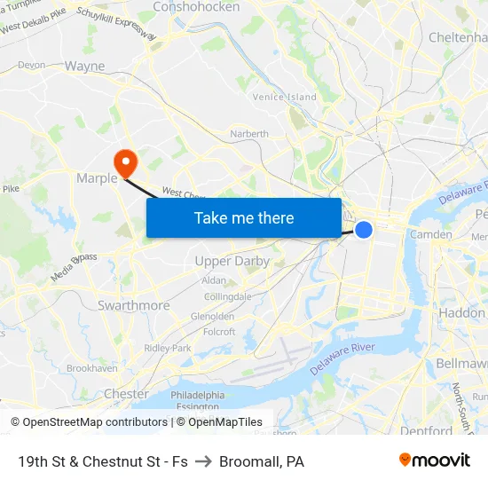 19th St & Chestnut St - Fs to Broomall, PA map