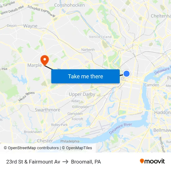 23rd St & Fairmount Av to Broomall, PA map