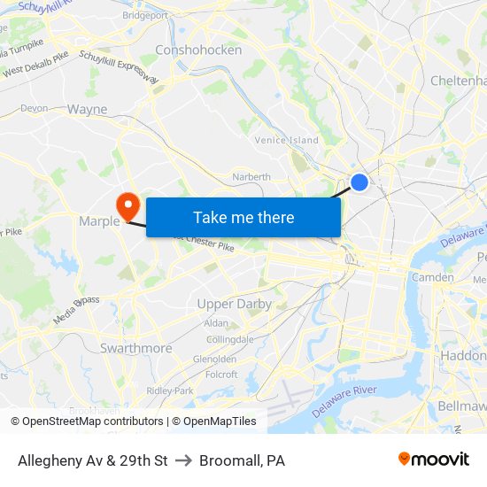 Allegheny Av & 29th St to Broomall, PA map