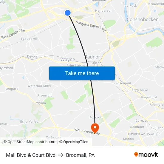 Mall Blvd & Court Blvd to Broomall, PA map