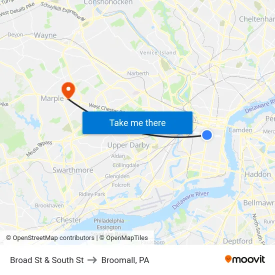 Broad St & South St to Broomall, PA map
