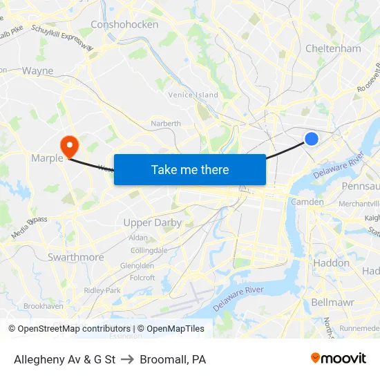 Allegheny Av & G St to Broomall, PA map
