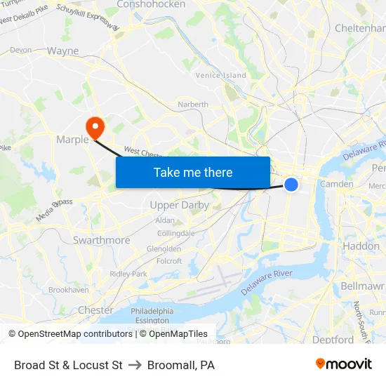 Broad St & Locust St to Broomall, PA map