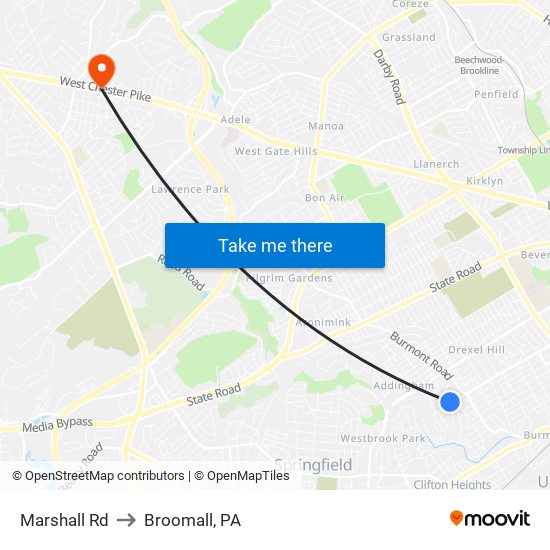 Marshall Rd to Broomall, PA map