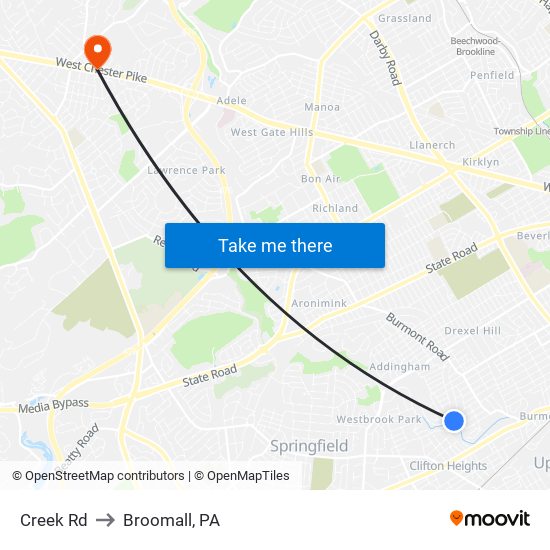 Creek Rd to Broomall, PA map