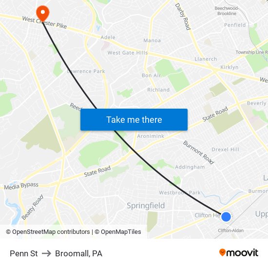 Penn St to Broomall, PA map