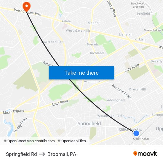 Springfield Rd to Broomall, PA map