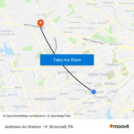 Andrews Av Station to Broomall, PA map