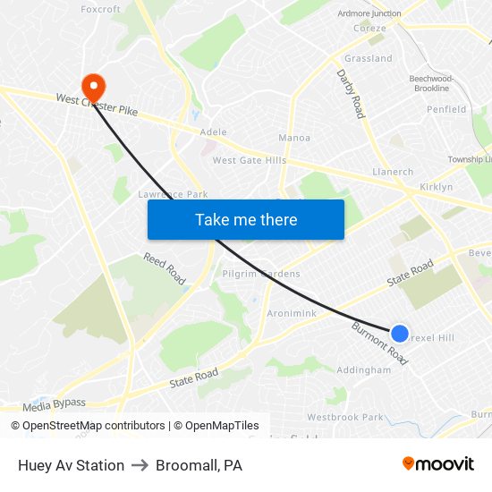 Huey Av Station to Broomall, PA map