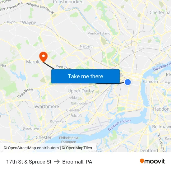 17th St & Spruce St to Broomall, PA map