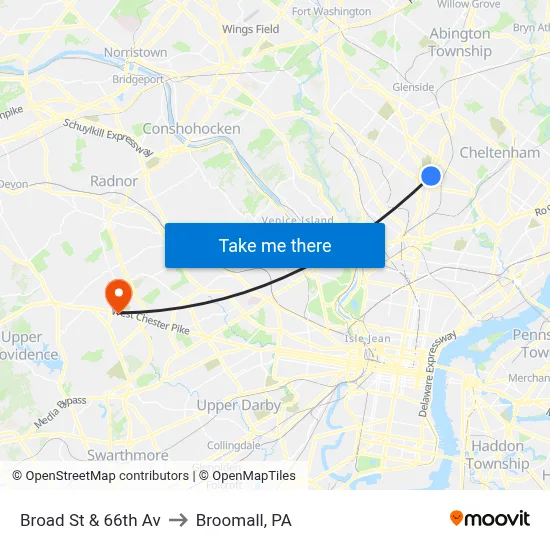 Broad St & 66th Av to Broomall, PA map