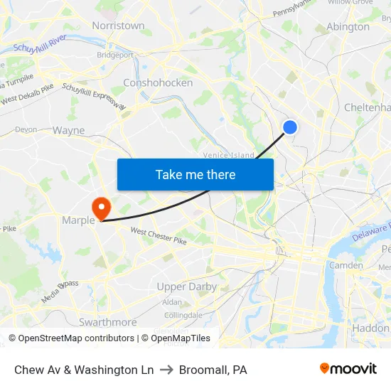 Chew Av & Washington Ln to Broomall, PA map