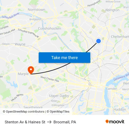Stenton Av & Haines St to Broomall, PA map