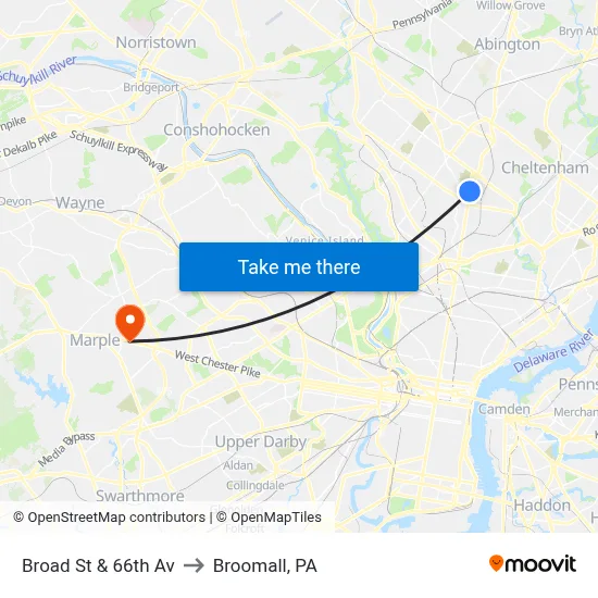 Broad St & 66th Av to Broomall, PA map