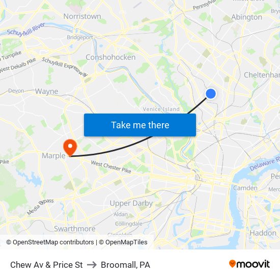 Chew Av & Price St to Broomall, PA map