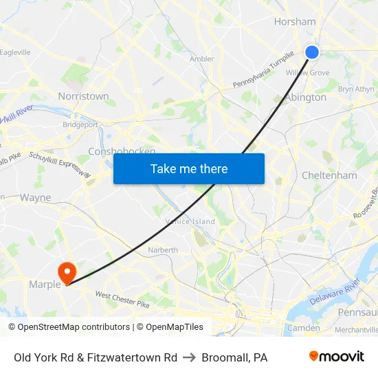 Old York Rd & Fitzwatertown Rd to Broomall, PA map