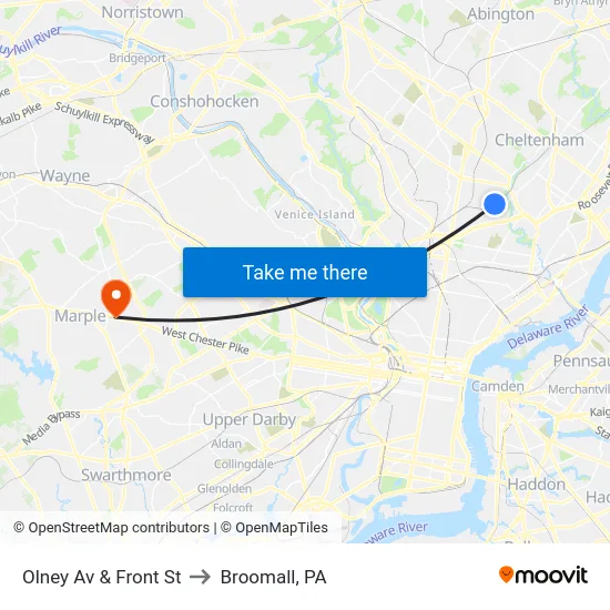 Olney Av & Front St to Broomall, PA map