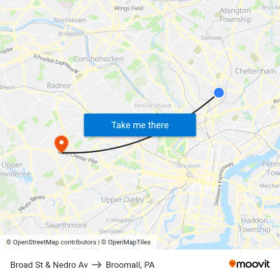 Broad St & Nedro Av to Broomall, PA map