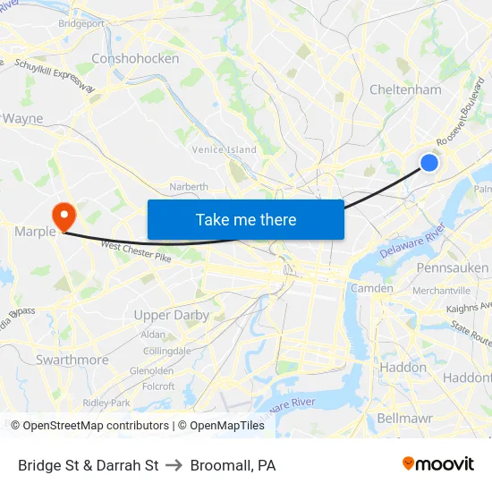 Bridge St & Darrah St to Broomall, PA map