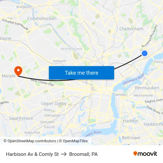 Harbison Av & Comly St to Broomall, PA map
