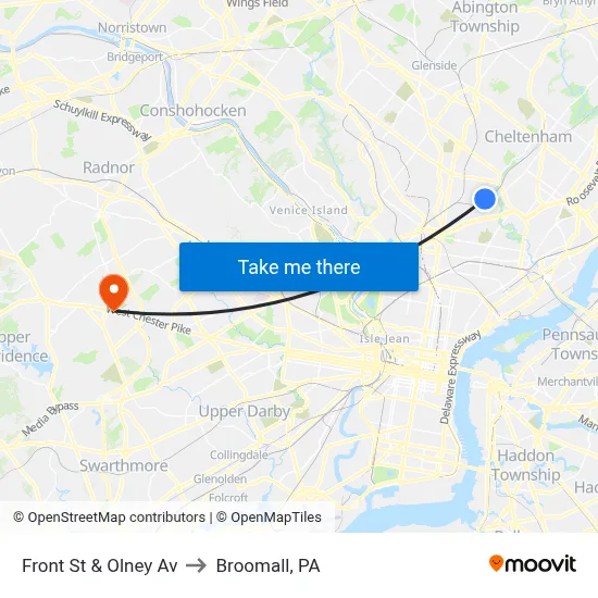 Front St & Olney Av to Broomall, PA map