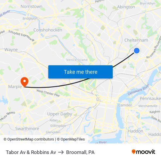 Tabor Av & Robbins Av to Broomall, PA map