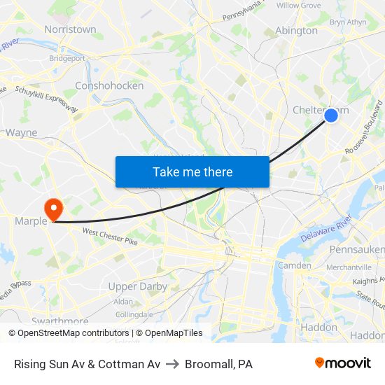 Rising Sun Av & Cottman Av to Broomall, PA map