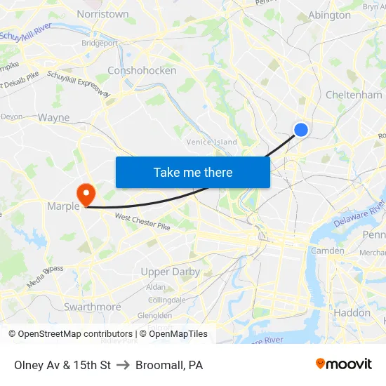 Olney Av & 15th St to Broomall, PA map