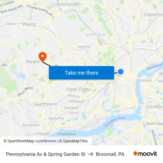 Pennsylvania Av & Spring Garden St to Broomall, PA map
