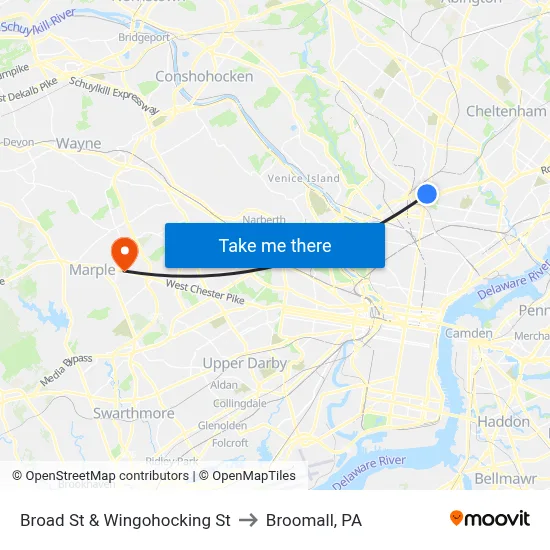 Broad St & Wingohocking St to Broomall, PA map