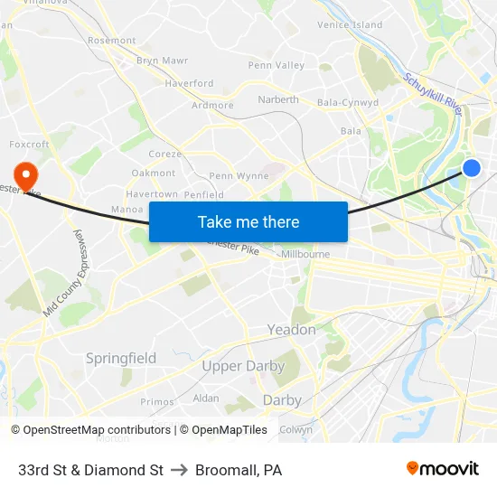 33rd St & Diamond St to Broomall, PA map
