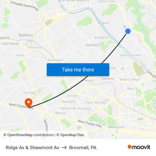 Ridge Av & Shawmont Av to Broomall, PA map
