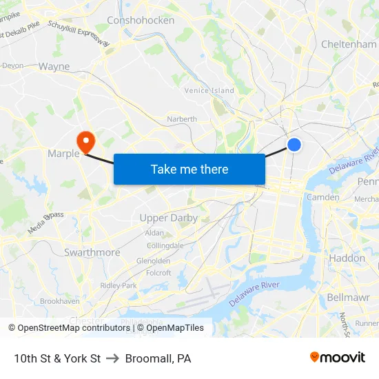 10th St & York St to Broomall, PA map