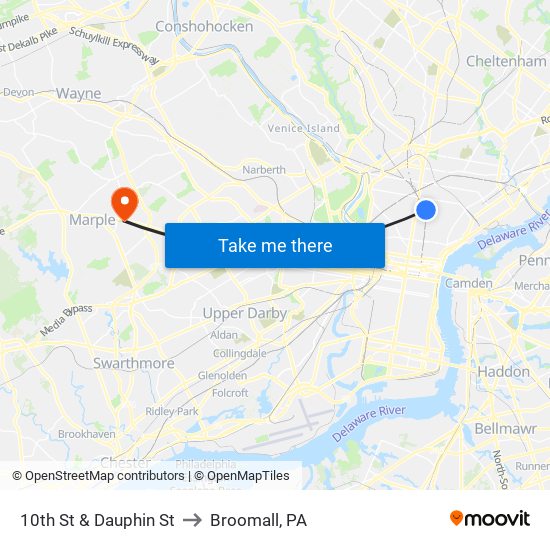 10th St & Dauphin St to Broomall, PA map